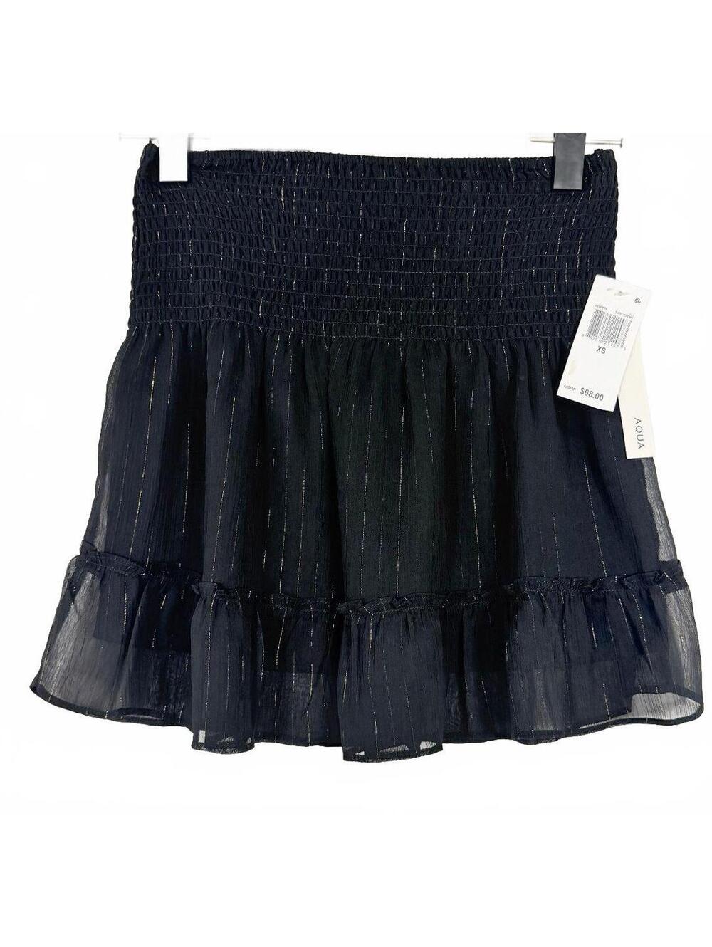 AQUA Smocked Shimmer Tiered Ruffle Mini Skirt Black NWT Women's XS